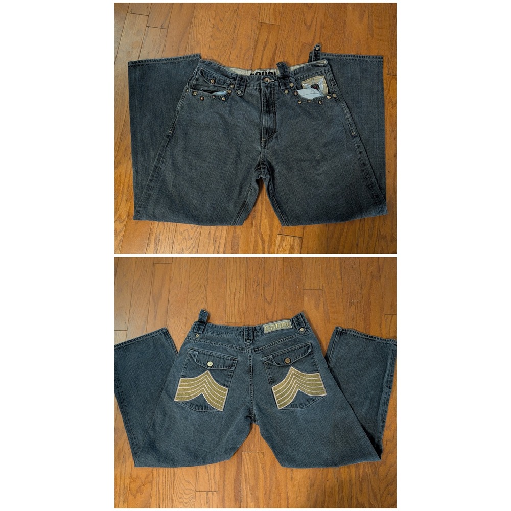 Coogi Mens Baggy Jeans W38 L34 Dark Wash Embroidered Cobra Studded Y2K Hip Hop